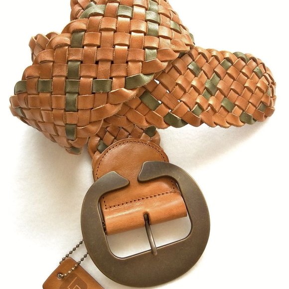 LINEA PELLE woven BROWN GREEN wide belt M NEW